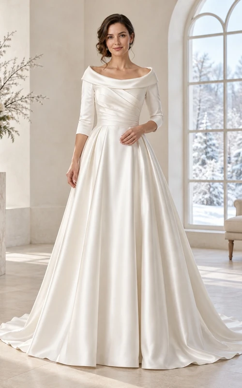 Vestido de novia de satén drapeado con cuello retrato y mangas tres cuartos