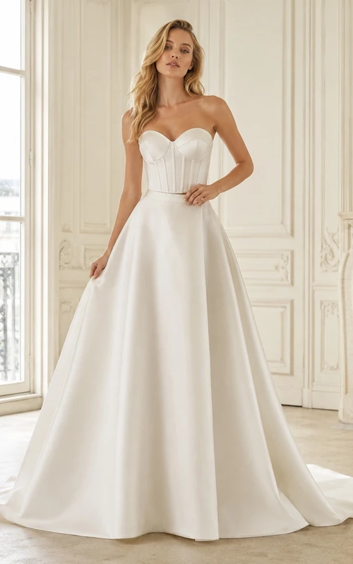 Two Square Modern Piece Neck Satin Bridal Classic Wedding Dress