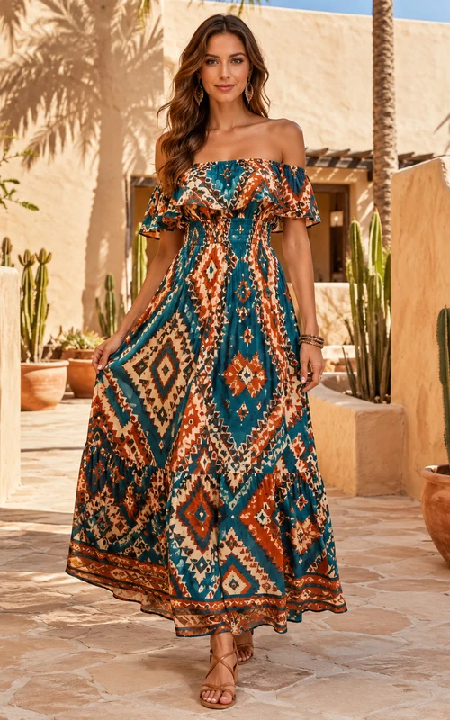 Vestido midi de corte A con volantes y hombros descubiertos de color verde azulado con estampado tribal