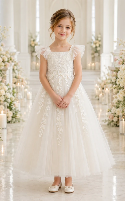 Vestido de niña de flores de tul con corpiño de encaje color marfil y largo hasta la rodilla