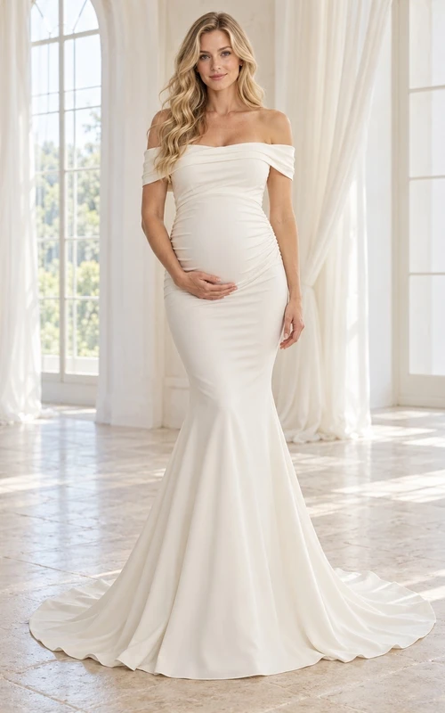 Robe de mariée sirène simple de maternité en crêpe à épaules dénudées et traîne