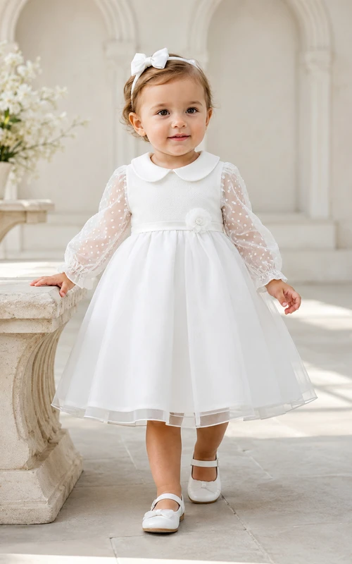 Modern Modest Baby Baptism Christening Ceremony Dress A-Line Tea-Length Jewel Neck Long Lace Sleeve Satin Lace Bow Back Button Back