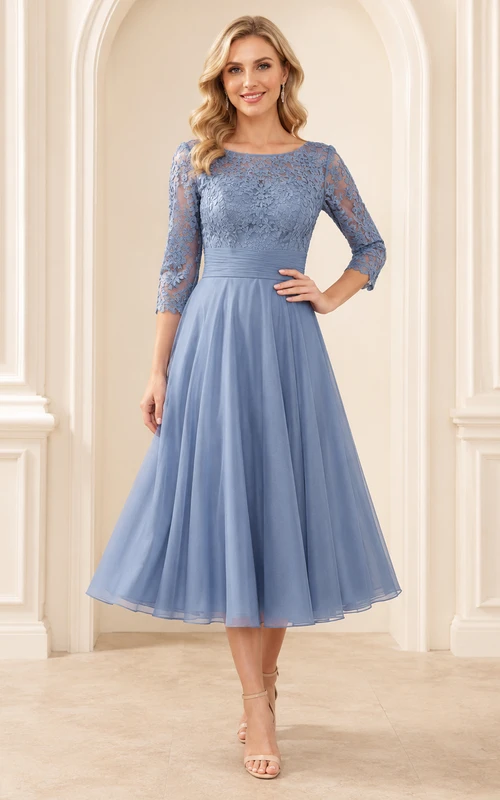 Elegante vestido de tul de corte A, largo hasta la rodilla, estilo barco, color azul acero, con mangas tres cuartos y corte mao.