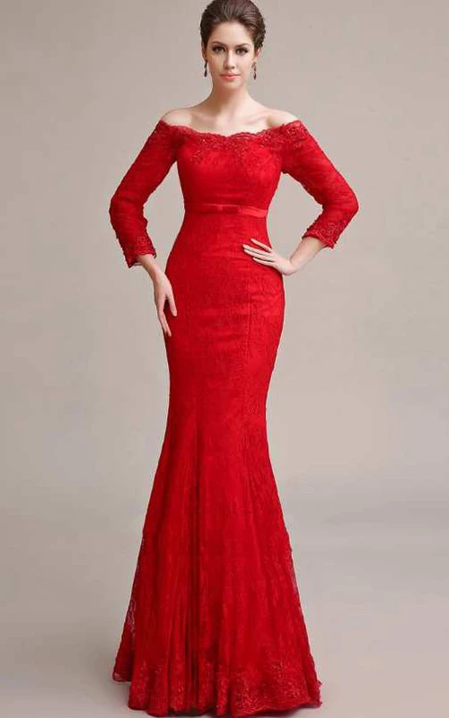 Robe longue sirène en dentelle à manches longues et épaules dénudées