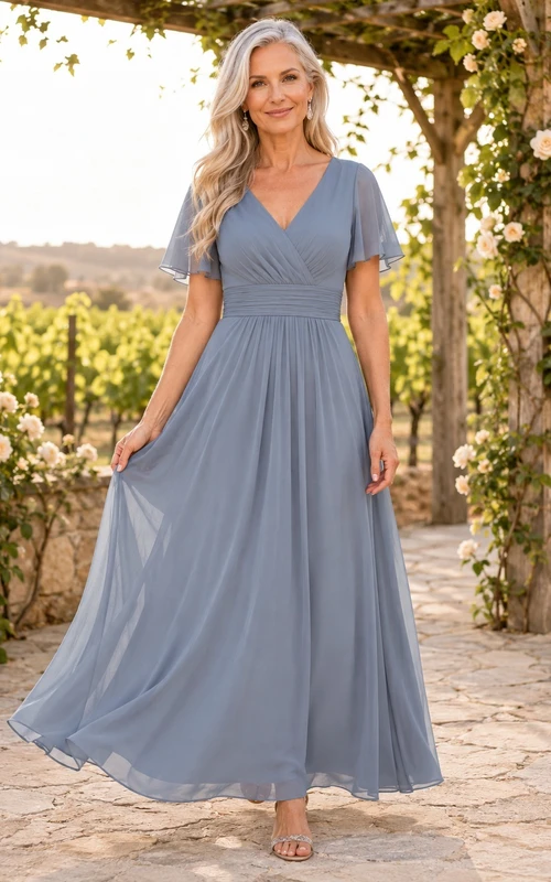 Steel Blue V-Neck Flutter Sleeve Chiffon A-Line Ankle-Length Vow Renewal Dress