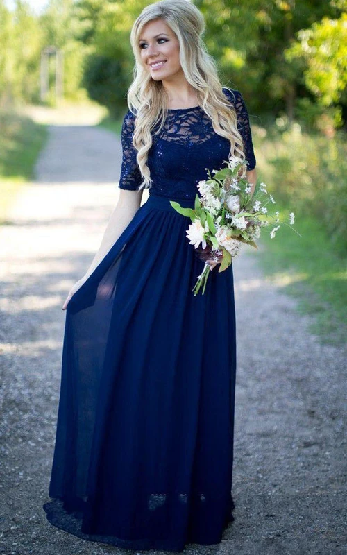 Vestido de gasa con encaje, escote redondo y corte en A, de manga corta.