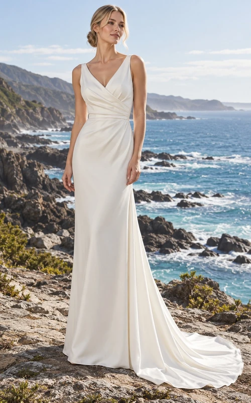Vestido de novia sencillo de satén, sin mangas, con escote en V, corpiño fruncido y cintura natural.