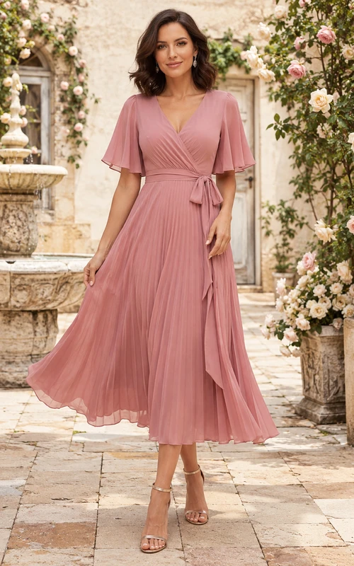 Dusty Rose V Neck Flutter Sleeve Pleated Tea Guest Dress