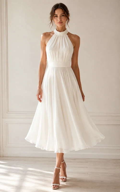 White Tea-length Halter Chiffon A-line Wedding Dress with Lace