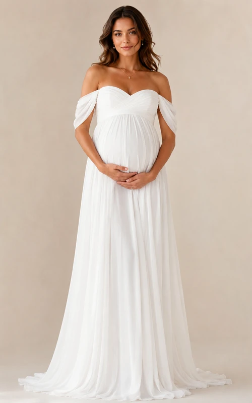 Vestido de maternidad blanco de gasa con hombros descubiertos