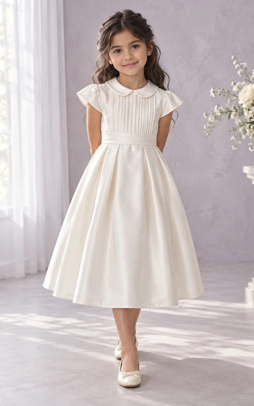 Tea-length Vintage Ivory A-line Satin Collared Pleated-bodice Ruffle-sleeve Flower Girl Dress