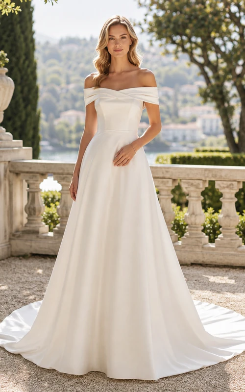 Minimalist Satin Wedding Dress A-Line Off Shoulder Court Train Bridal Gown