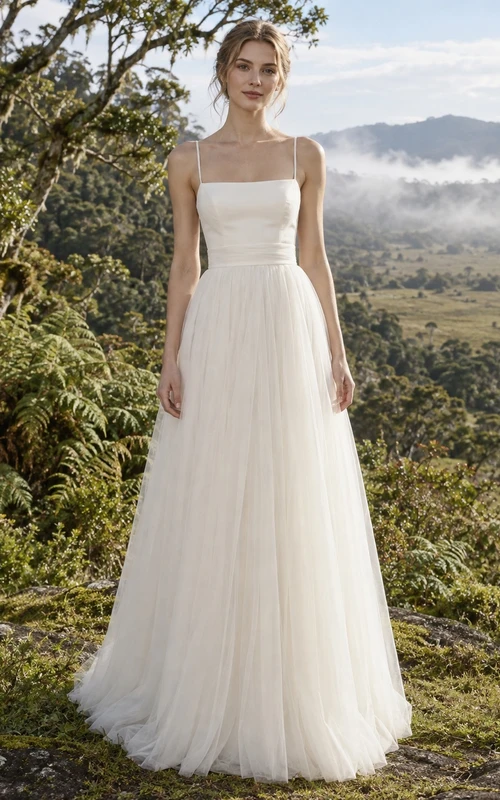 Einfaches, bodenlanges A-Linien-Brautkleid mit eckigem Ausschnitt, Spaghettiträgern und Schärpe aus Tüll für eine Gartenhochzeit
