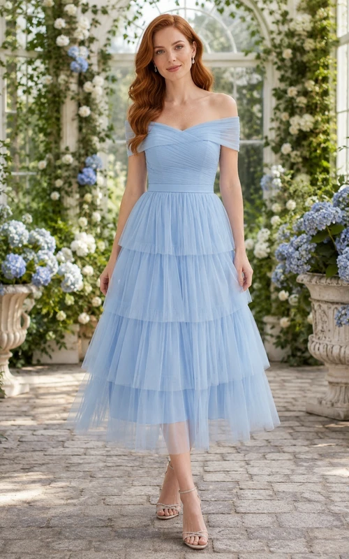Robe de jardin romantique bleu ciel en tulle, épaules dénudées, manches courtes, coupe trapèze à volants, longueur thé