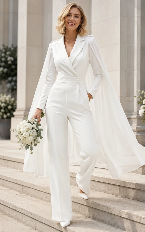 Combinaison de mariée luxueuse à col en V, manches longues, cape et jambes larges