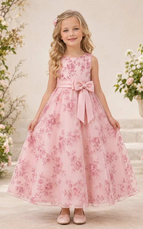 Robe de demoiselle d'honneur en organza à fleurs rose poudré, col rond, sans manches, double nœud, longueur cheville, coupe trapèze, sans manches, à col rond et nœud papillon.