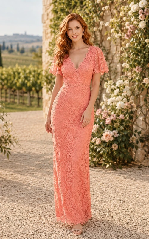 Coral V-Neck Short Sleeve Lace Sheath Floor-length Formal Wedding Guest Dress