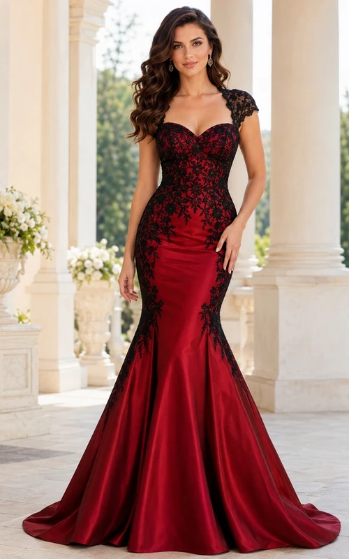 Red Black Sweetheart Cap Sleeve Lace Mermaid Sweep Train Luxury Formal Dress