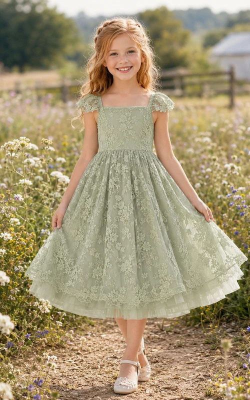 Robe de demoiselle d'honneur en dentelle sauge, coupe trapèze, manches courtes, col rond, longueur midi