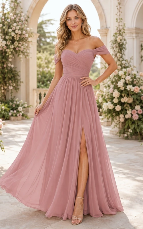 Vestido de dama de honor formal de gasa con escote Bardot, corte en A, abertura lateral y largo hasta el suelo.