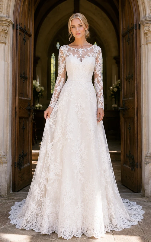 Classic Illusion Lace Long Sleeve A Line Cathedral Train Wedding Dress