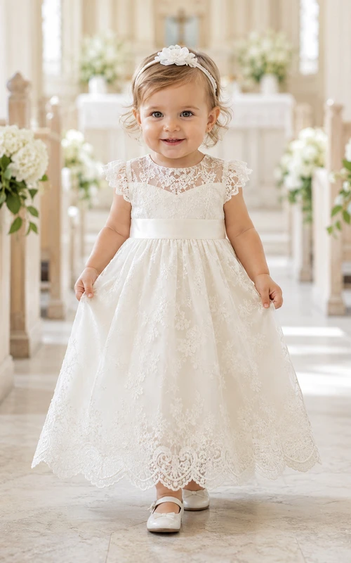 Scalloped Lace Hem Baptism Dress A-Line Tulle High Neck Sleeveless