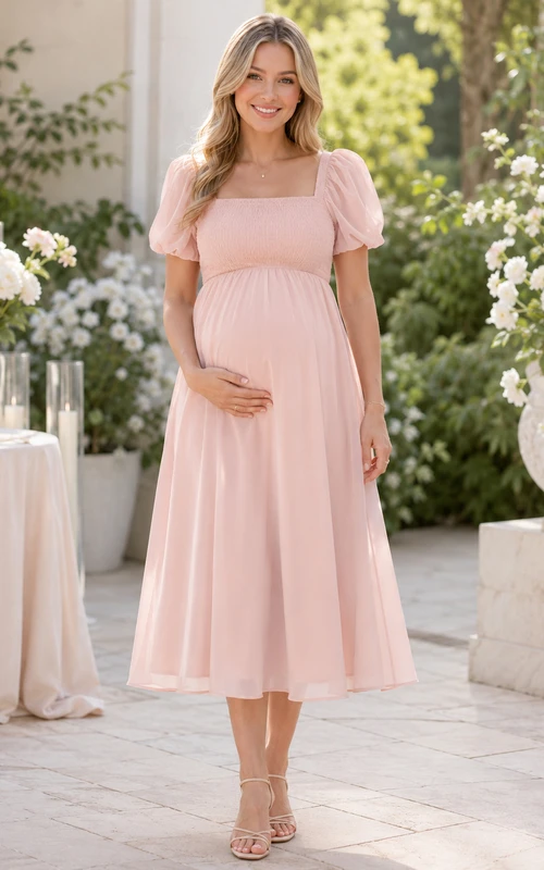 Robe midi trapèze en mousseline rose poudré pour petite femme enceinte, col carré, manches bouffantes, taille basse