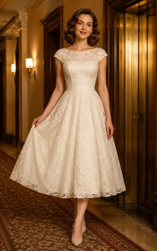 Vestido de novia vintage de encaje con mangas cortas y largo hasta la rodilla para fugarse a un hotel.