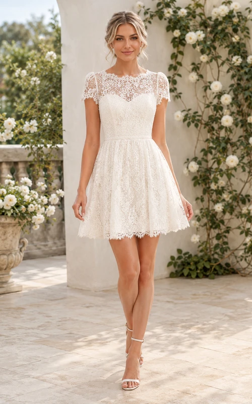 Vestido de novia romántico corto de corte A con escote barco y mangas cortas de encaje para bodas en jardines