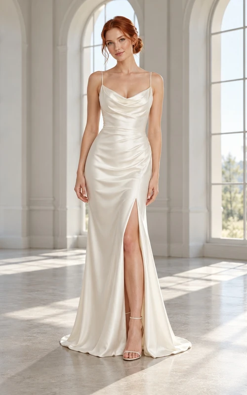 Simple Sheath Cowl Neck Spaghetti Strap Split Satin Wedding Dress