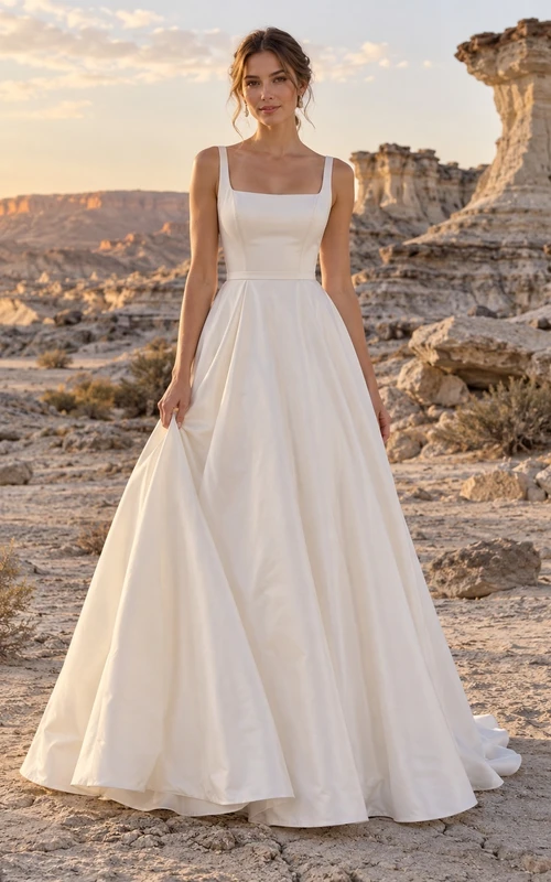 Sencillo vestido de novia de tafetán sin mangas con escote cuadrado, corte en A, corpiño a medida y cola.