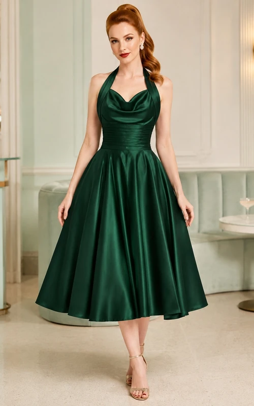 Dark Green Halter Cowl Satin Vintage A-Line Tea-Length Formal Evening Dress