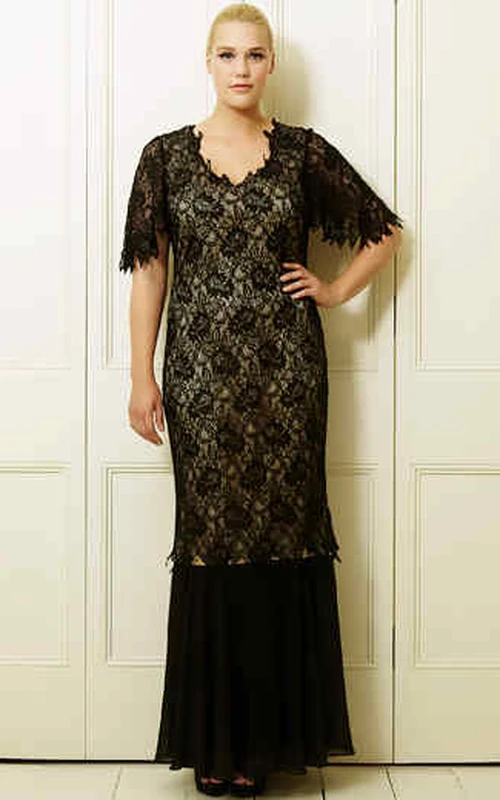 Robe de bal grande taille en dentelle, col en V, manches courtes, longueur cheville
