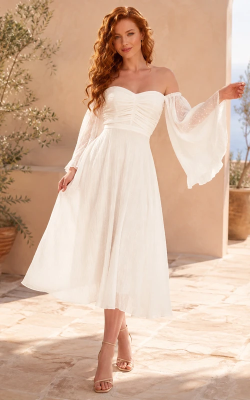 Boho Off-Shoulder Bell-Sleeve Chiffon A-Line Tea-Length Civil Wedding Dress Bohemian