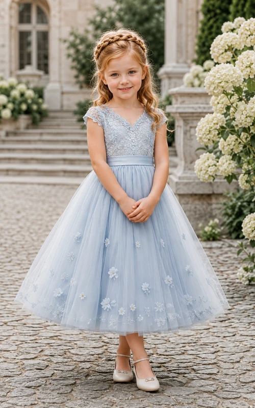 Blumenmädchenkleid, himmelblau, Tüll, A-Linie, Rundhalsausschnitt, Teelänge, florale Applikationen