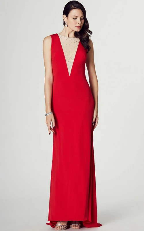 Vestido de fiesta sin mangas de jersey con cuello joya y detalles de cuentas, con cola de cepillo.