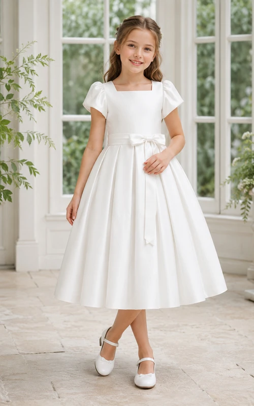 Weißes, plissiertes Satinkleid mit Rundhalsausschnitt, kurzen Ärmeln und Teelänge, ideal für Kommunion und als Blumenmädchenkleid.