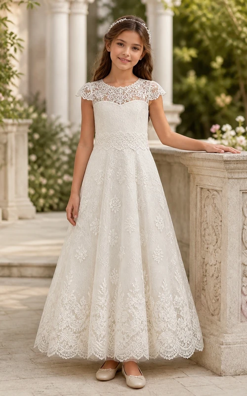 Modest Floor-length A-Line Scoop Cap Sleeve Floral Lace Flowergirl Dress