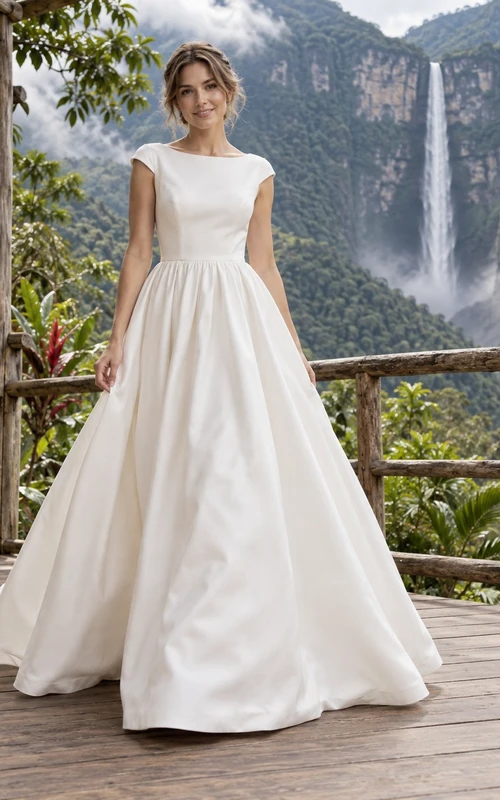 Vestido de novia de satén con escote barco, mangas cortas, cintura fruncida y falda en línea A.