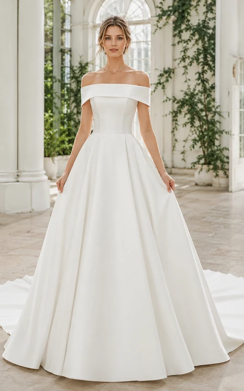 Brautkleid aus Satin, Ballkleid, schulterfrei, kurze Ärmel, Kapellenschleppe