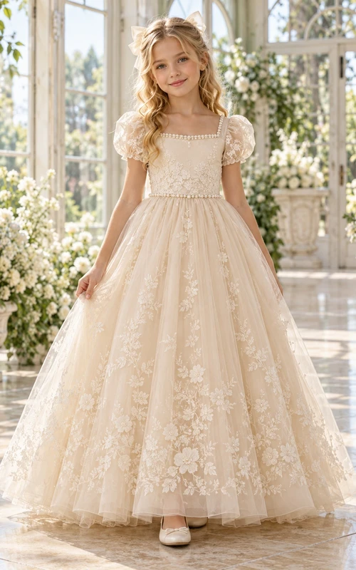 Champagnerfarbenes Ballkleid mit eckigem Ausschnitt, Perlenbesatz und Puffspitze für Blumenmädchen
