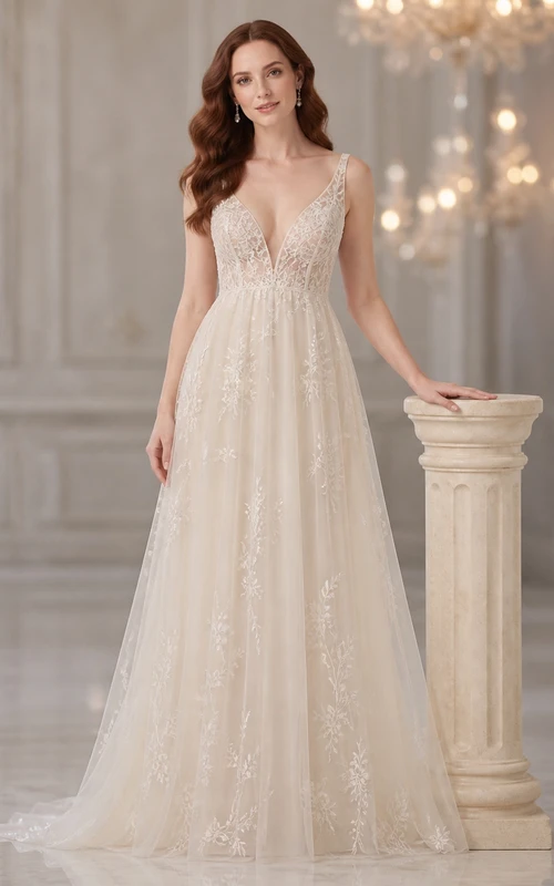 Vestido de novia bohemio estilo imperio con escote en V, sin mangas, de encaje y cola larga.