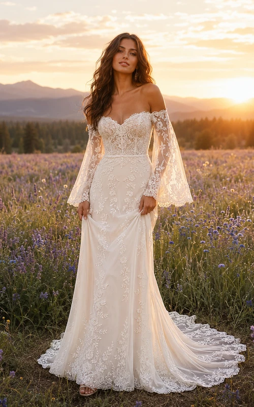 Boho-Meerjungfrauen-Hochzeitskleid aus Spitze mit schulterfreiem Kleid, Glockenärmeln