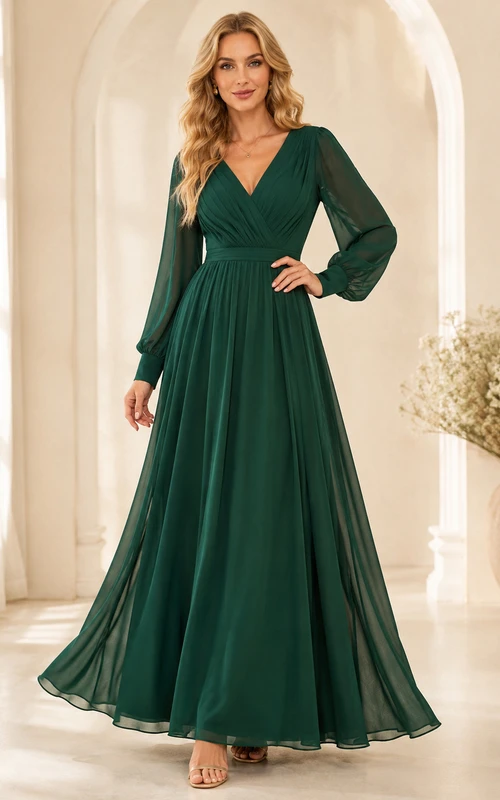 Dunkelgrünes, plissiertes Chiffon-Brautjungfernkleid mit V-Ausschnitt und Poetenärmeln, schlicht
