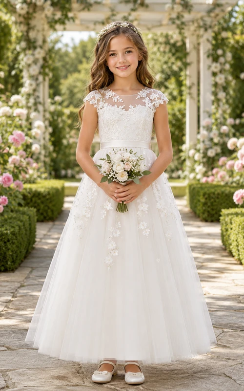 Lace Bodice Tulle A-Line Flower Girl Dress with Short Sleeves, Jewel Neck and Tea-Length Skirt