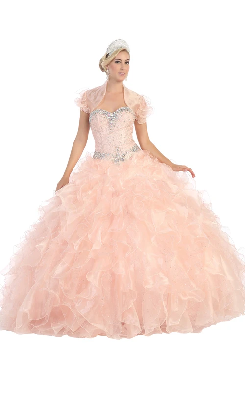 Robe de bal bustier cœur en organza à lacets, ornée de perles et de volants