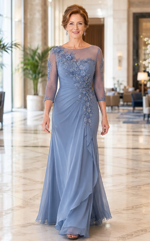 Slate Blue Floor-Length Sheath Modern Mother of the Bride Chiffon Gown with One-Shoulder Illusion Neck Three-Quarter Sleeve and Side Applique