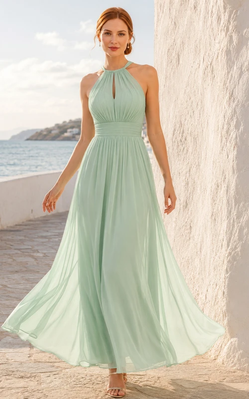 Mint green halter pleated chiffon floor length beach bridesmaid dress