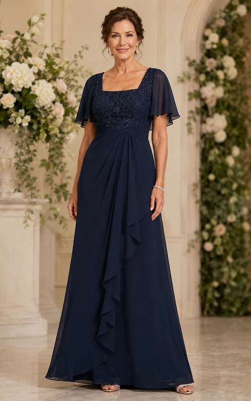 Vestido de noche de gasa con cuello cuadrado y cuentas, color azul marino oscuro, para madres.