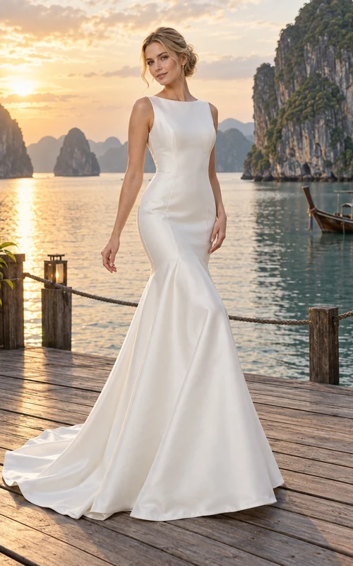 Schlichtes, ärmelloses Brautkleid aus Satin im Meerjungfrauenstil mit tiefem V-Ausschnitt und U-Boot-Ausschnitt am Rücken